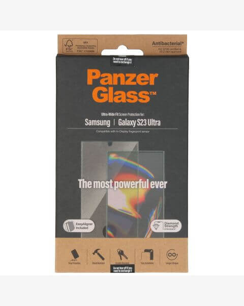 PanzerGlass Ultra-Wide Fit Anti-Bacterial Screenprotector incl. applicator Samsung Galaxy S23 Ultra - Zwart / Schwarz / Black