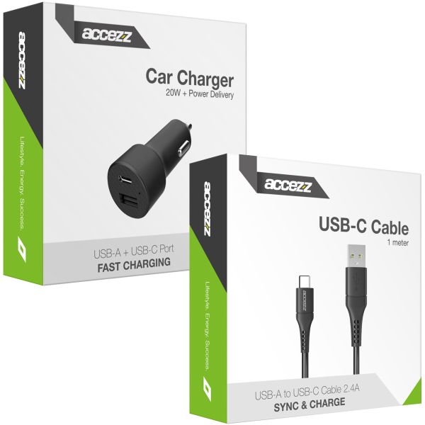 Accezz Car Charger met USB-C naar USB kabel - Autolader - 20 Watt - 1 meter - Zwart / Schwarz / Black