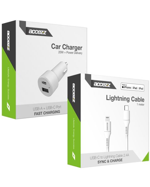 Accezz Car Charger met Lightning naar USB-C kabel - Autolader - MFi certificering - 20 Watt - 1 meter - Wit / Weiß / White
