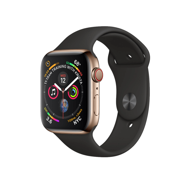 Apple Watch Series 4 | 44mm | Stainless Steel Case Goud | Zwart sportbandje | GPS | WiFi + 4G