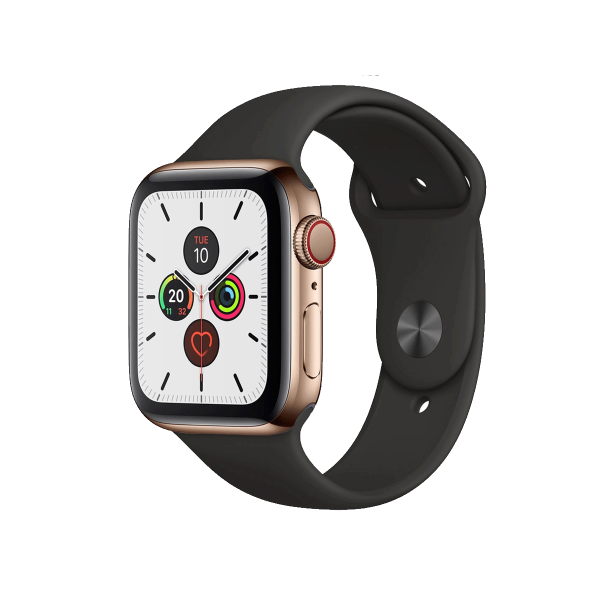Apple Watch Series 5 | 44mm | Stainless Steel Case Goud | Zwart sportbandje | GPS | WiFi + 4G