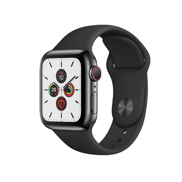 Refurbished Apple Watch Series 5 | 40mm | Stainless Steel Case Zwart | Zwart sportbandje | GPS | WiFi + 4G