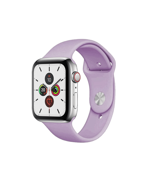 Refurbished Apple Watch Series 5 | 44mm | Stainless Steel Case Zilver | Paars sportbandje | GPS | WiFi + 4G