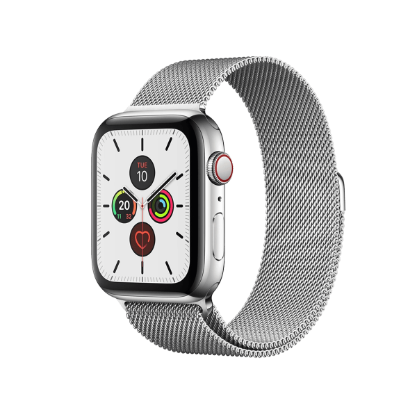 Apple Watch Series 5 | 44mm | Stainless Steel Case Zilver | Zilver Milanees bandje | GPS | WiFi + 4G