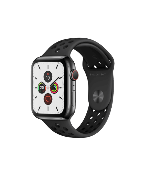Refurbished Apple Watch Series 5 | 44mm | Stainless Steel Case Zwart | Zwart Nike sportbandje | GPS | WiFi + 4G