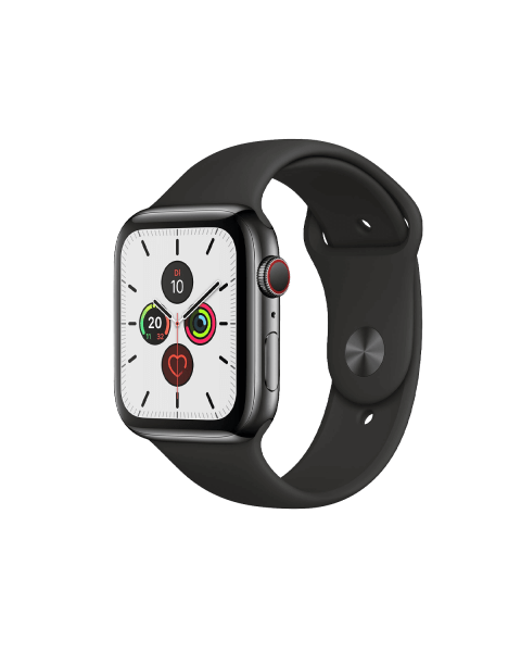 Apple Watch Series 5 | 44mm | Stainless Steel Case Zwart | Zwart sportbandje | GPS | WiFi + 4G