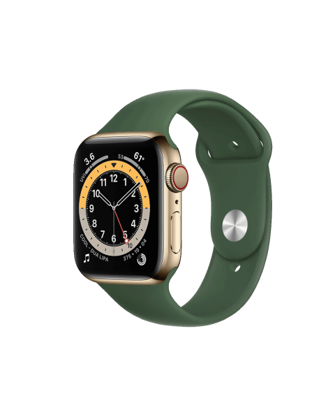 Apple Watch Series 6 | 44mm | Stainless Steel Case Goud | Groen sportbandje | GPS | WiFi + 4G