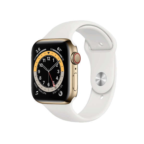 Apple Watch Series 6 | 44mm | Stainless Steel Case Goud | Wit sportbandje | GPS | WiFi + 4G | W1