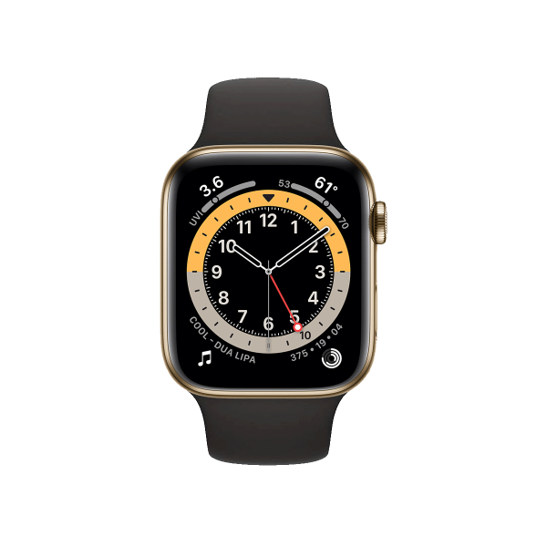 Apple Watch Series 6 | 44mm | Stainless Steel Case Goud | Zwart sportbandje | GPS | WiFi + 4G