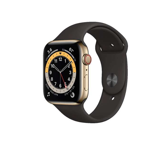 Apple Watch Series 6 | 44mm | Stainless Steel Case Goud | Zwart sportbandje | GPS | WiFi + 4G