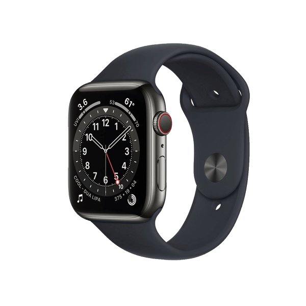 Apple Watch Series 6 | 44mm | Stainless Steel Case Grafiet | Middernacht Blauw sportbandje | GPS | WiFi + 4G