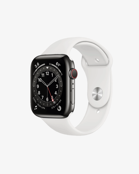 Apple Watch Series 6 | 44mm | Stainless Steel Case Grafiet | Wit sportbandje | GPS | WiFi + 4G