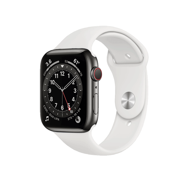 Apple Watch Series 6 | 44mm | Stainless Steel Case Grafiet | Wit sportbandje | GPS | WiFi + 4G