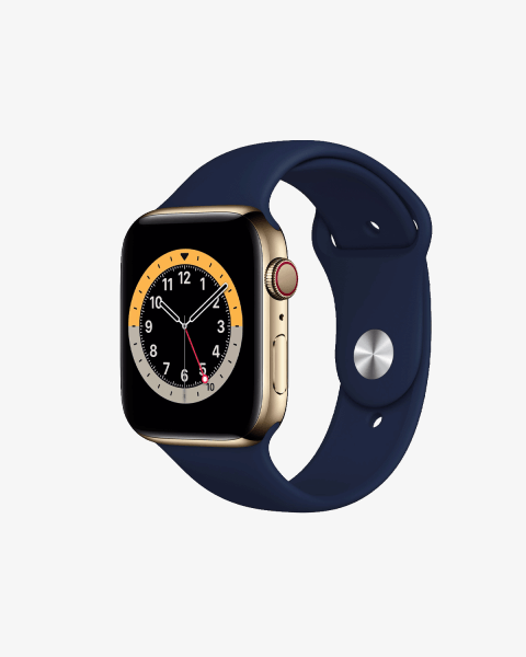 Apple Watch Series 6 | 44mm | Stainless Steel Case Goud | Deep Navy sportbandje | GPS | WiFi + 4G