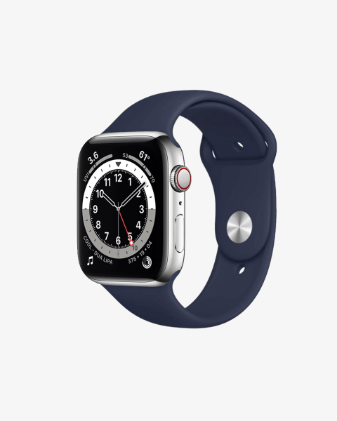 Apple Watch Series 6 | 44mm | Stainless Steel Case Zilver | Middernacht Blauw sportbandje | GPS | WiFi + 4G