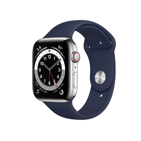 Apple Watch Series 6 | 44mm | Stainless Steel Case Zilver | Middernacht Blauw sportbandje | GPS | WiFi + 4G