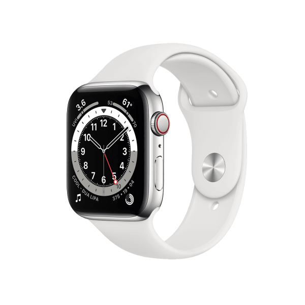 Apple Watch Series 6 | 44mm | Stainless Steel Case Zilver | Wit sportbandje | GPS | WiFi + 4G