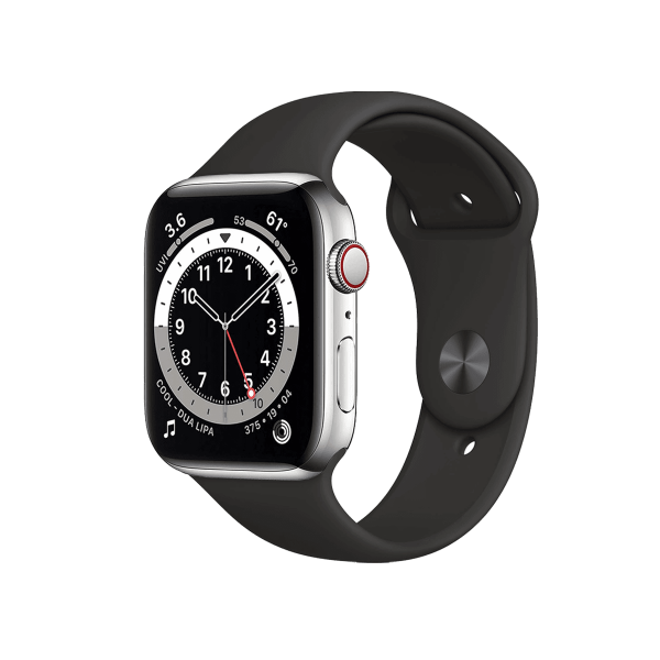 Apple Watch Series 6 | 44mm | Stainless Steel Case Zilver | Zwart sportbandje | GPS | WiFi + 4G