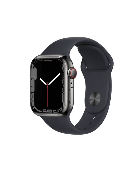 Apple Watch Series 7 | 41mm | Stainless Steel Case Grafiet | Middernacht Blauw sportbandje | GPS | WiFi + 4G