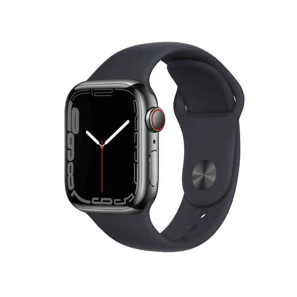 Apple Watch Series 7 | 41mm | Stainless Steel Case Grafiet | Middernacht Blauw sportbandje | GPS | WiFi + 4G