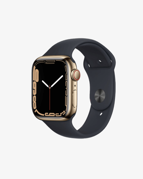 Apple Watch Series 7 | 45mm | Stainless Steel Case Goud | Middernacht Blauw sportbandje | GPS | WiFi + 4G