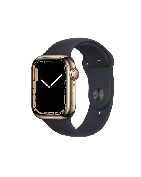 Apple Watch Series 7 | 45mm | Stainless Steel Case Goud | Middernacht Blauw sportbandje | GPS | WiFi + 4G