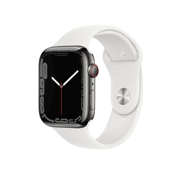 Apple Watch Series 7 | 45mm | Stainless Steel Case Grafiet | Wit sportbandje | GPS | WiFi + 4G