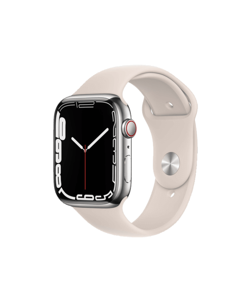 Apple Watch Series 7 | 45mm | Stainless Steel Case Zilver | Sterrenlicht Wit sportbandje | GPS | WiFi + 4G
