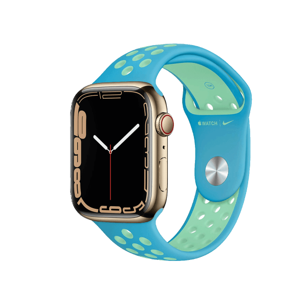 Apple Watch Series 7 | 45mm | Titanium Case Goud | Chloorblauw/Groen Glow Nike sportbandje | GPS | WiFi + 4G