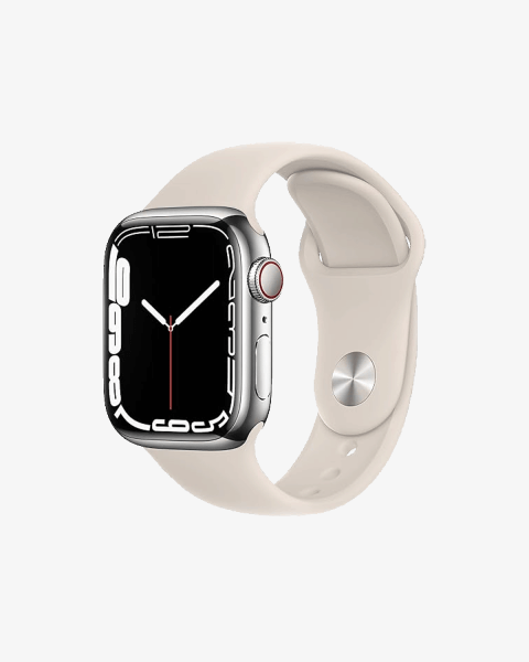 Apple Watch Series 7 | 41mm | Stainless Steel Case Zilver | Sterrenlicht Wit sportbandje | GPS | WiFi + 4G