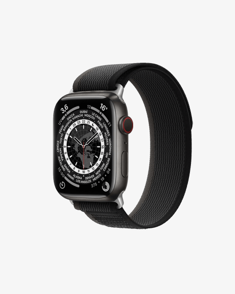 Apple Watch Series 7 | 45mm | Titanium Case Space Black | Grijs/Zwart trailbandje | GPS | WiFi + 4G
