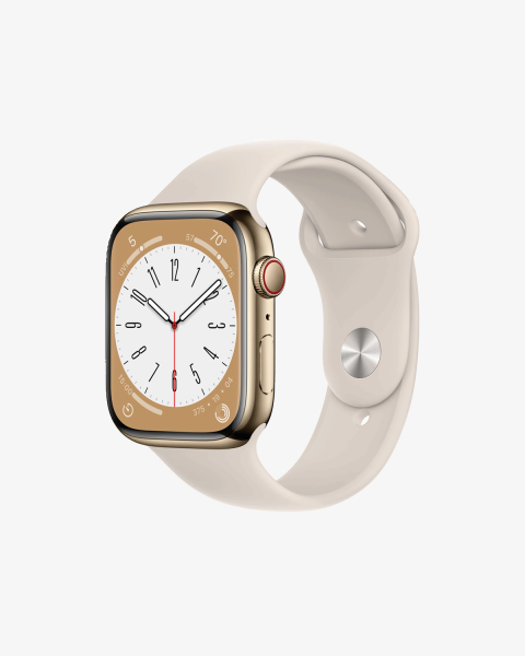 Apple Watch Series 8 | 45mm | Stainless Steel Case Goud | Sterrenlicht Wit sportbandje | GPS | WiFi + 4G