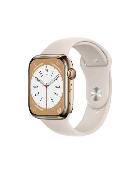Apple Watch Series 8 | 45mm | Stainless Steel Case Goud | Sterrenlicht Wit sportbandje | GPS | WiFi + 4G
