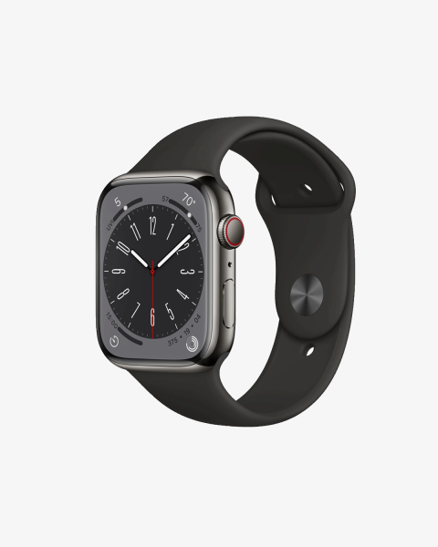 Apple Watch Series 8 | 45mm | Stainless Steel Case Grafiet | Zwart sportbandje | GPS | WiFi + 4G