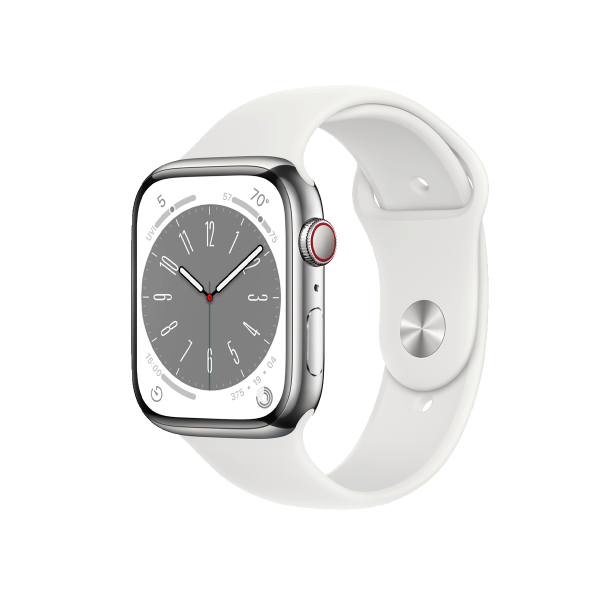 Apple Watch Series 8 | 45mm | Stainless Steel Case Zilver | Wit sportbandje | GPS | WiFi + 4G