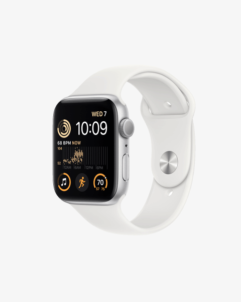Apple Watch Series SE 2022 | 44mm | Aluminium Case Zilver | Wit sportbandje | GPS | WiFi + 4G