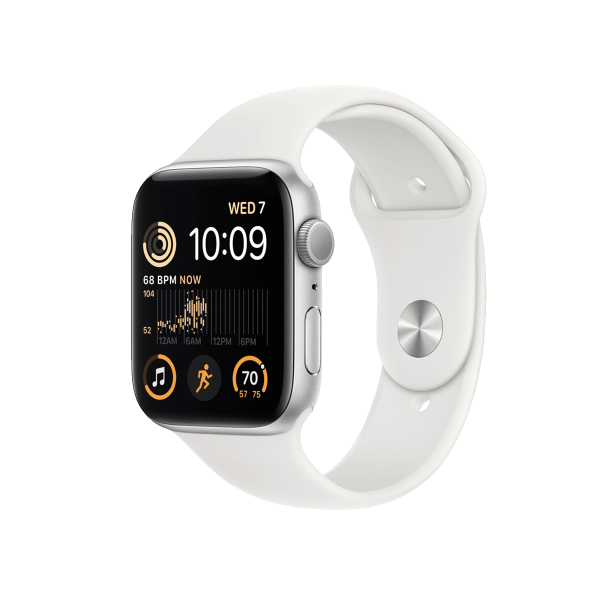 Apple Watch Series SE 2022 | 44mm | Aluminium Case Zilver | Wit sportbandje | GPS | WiFi + 4G